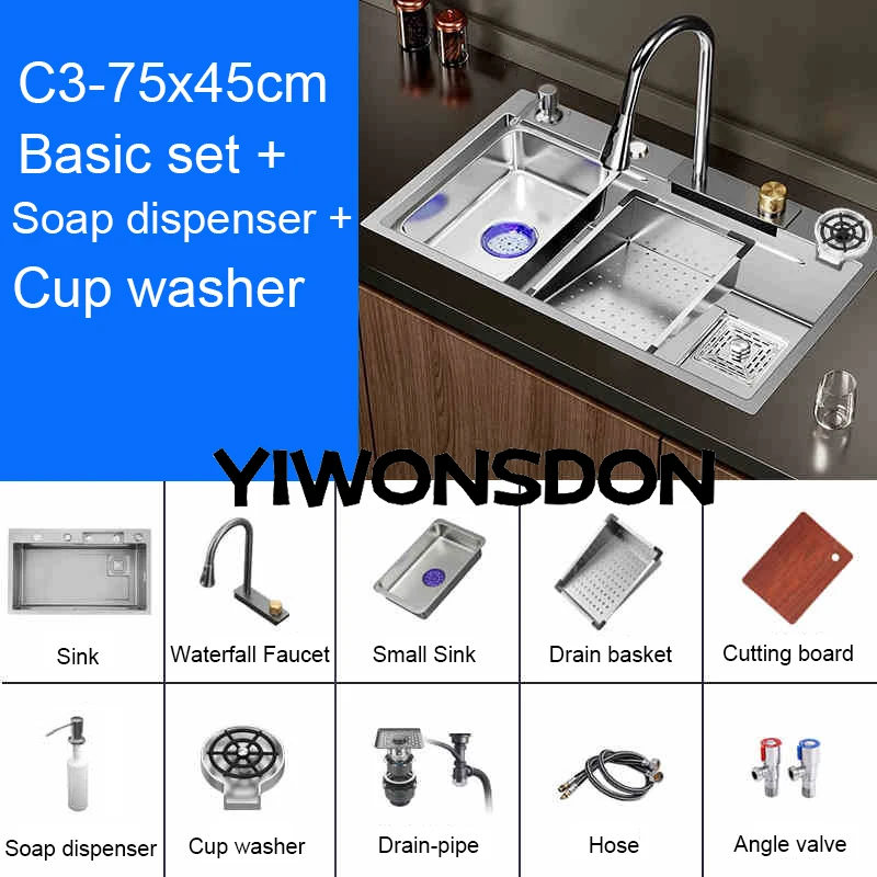 Multifunction Brushed Nano Kitchen Sink Waterfall Faucet Large Single Bowl Cup Washer Pure Tap Soap Dispenser Stainless Steel . Sizes : 23.62''X17.72'' , 26.77''X17.72'', 29.53''X17.72'', 31.50''X17.72 - Image 21