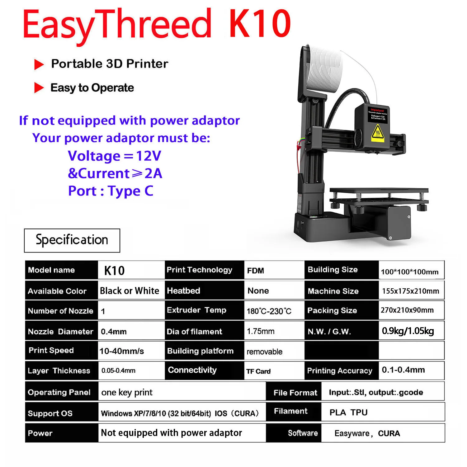 EasyThreed 3D Printer Entry Level Compatible with PLA TPU 1.75mm Filament include Power Adaptor. - Image 3