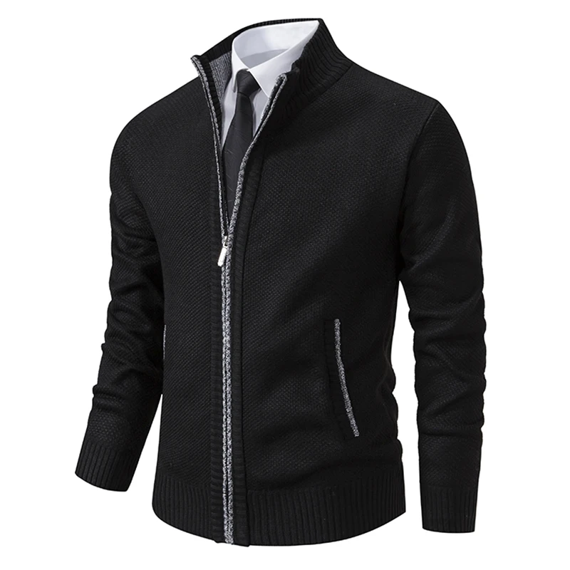 Elegant Modern Autumn And Winter New Jersey Men's Casual Sports Coat Solid Color Stand Collar Wweater Grab Fleece Warm Zipper Cardigan - Image 5