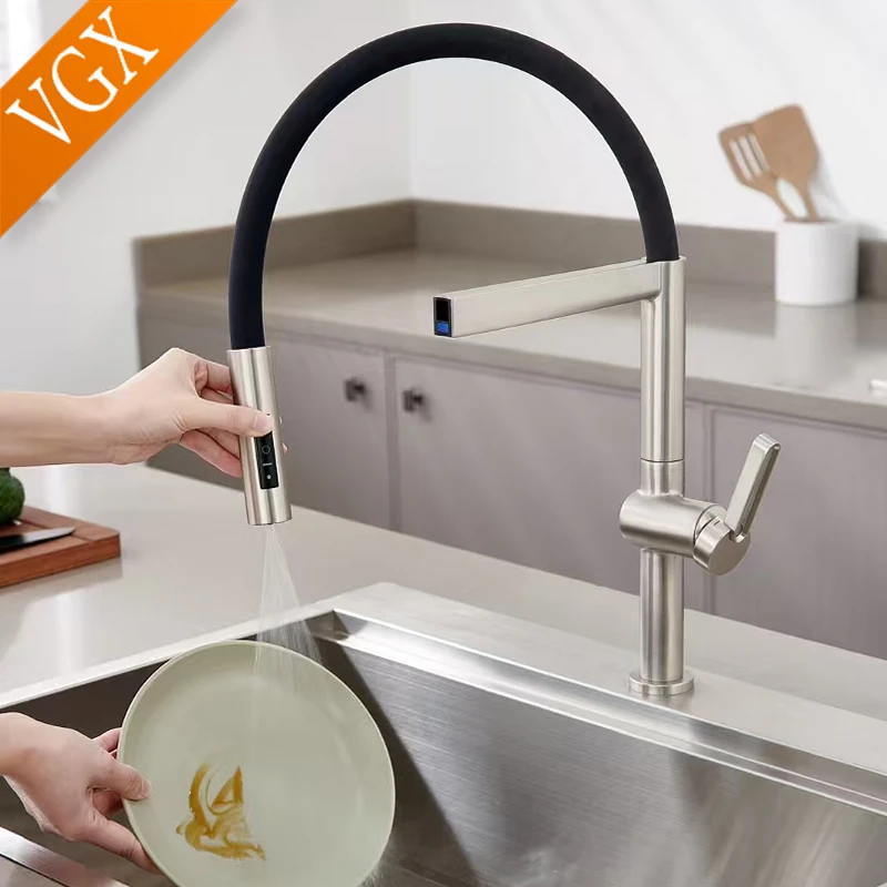 VGX Brushed Kitchen Faucet Sink Faucets Rubber Pull Down Stream Sprayer Taps Rotatable Kitchen Mixer Water Tap Hot Cold Crane - Image 2