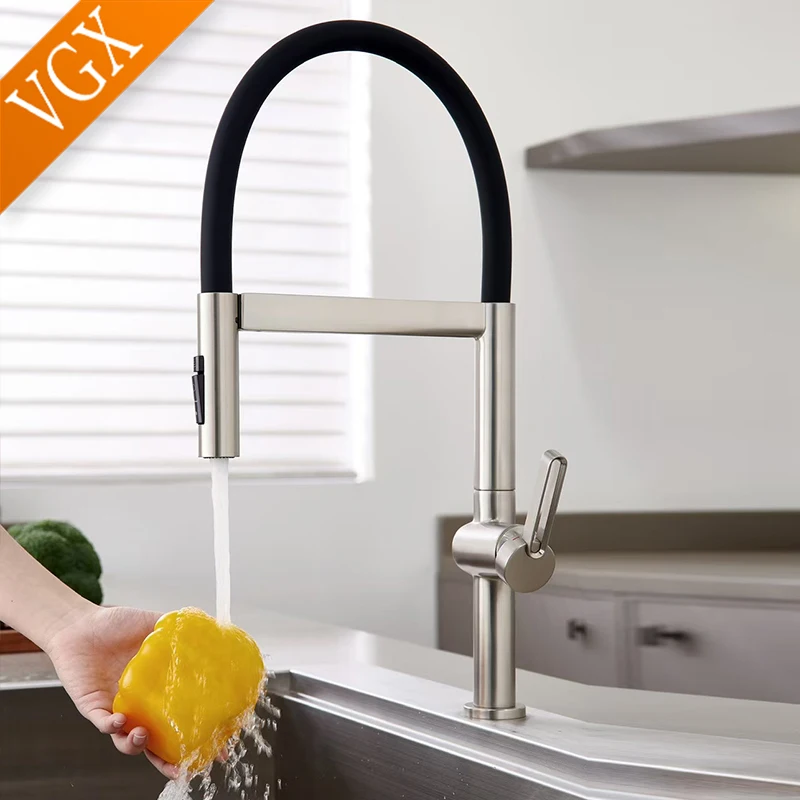 VGX Brushed Kitchen Faucet Sink Faucets Rubber Pull Down Stream Sprayer Taps Rotatable Kitchen Mixer Water Tap Hot Cold Crane - Image 4