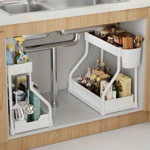 1 pcs Space Saving 2 Tier Pull Out Storage Box Durable Large Capacity Kitchen Bathroom Essential Drawer Organizer 1-unit