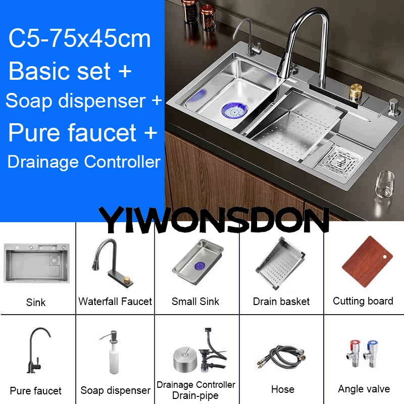 Multifunction Brushed Nano Kitchen Sink Waterfall Faucet Large Single Bowl Cup Washer Pure Tap Soap Dispenser Stainless Steel . Sizes : 23.62''X17.72'' , 26.77''X17.72'', 29.53''X17.72'', 31.50''X17.72 - Image 15