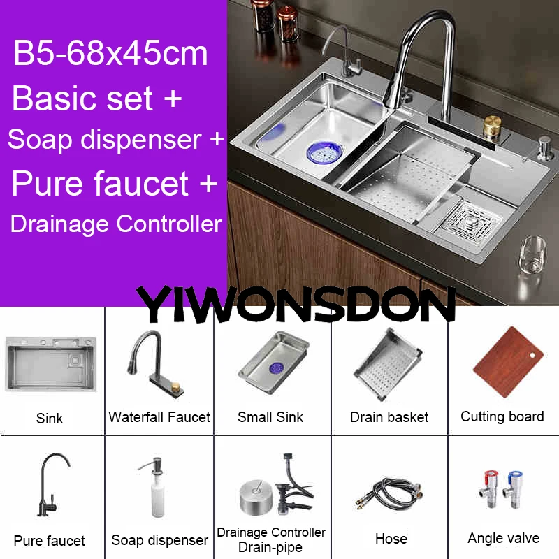 Multifunction Brushed Nano Kitchen Sink Waterfall Faucet Large Single Bowl Cup Washer Pure Tap Soap Dispenser Stainless Steel . Sizes : 23.62''X17.72'' , 26.77''X17.72'', 29.53''X17.72'', 31.50''X17.72 - Image 7