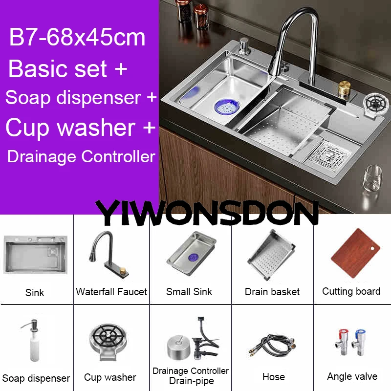 Multifunction Brushed Nano Kitchen Sink Waterfall Faucet Large Single Bowl Cup Washer Pure Tap Soap Dispenser Stainless Steel . Sizes : 23.62''X17.72'' , 26.77''X17.72'', 29.53''X17.72'', 31.50''X17.72 - Image 9