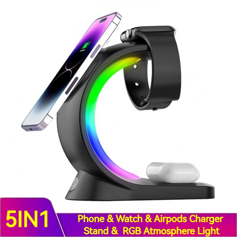 3 In 1 Magnetic Wireless Charger Fast Charging For Smart Phone Atmosphere Light Charging Station For Airpods Pro I-phone Watch - Image 4