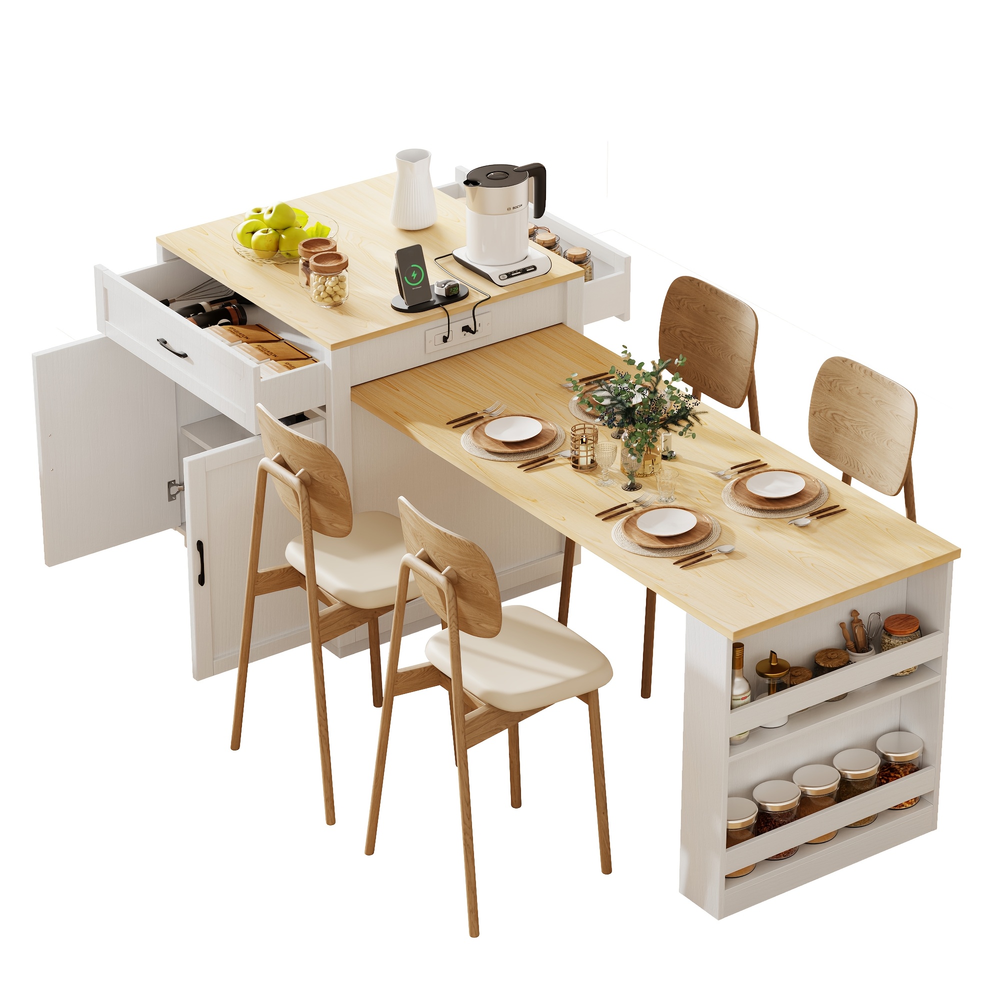 Kitchen Islands with Extendable Dining Table for 4-6 Seating | 82.7" Large Kitchen Storage Islands Table with 2 Storage Drawers and 1 Cabinet, Rolling Base with 2 Open Shelves, Double Storage, Easy Assembly & No Power, Space-saving, Modern Style - Image 7