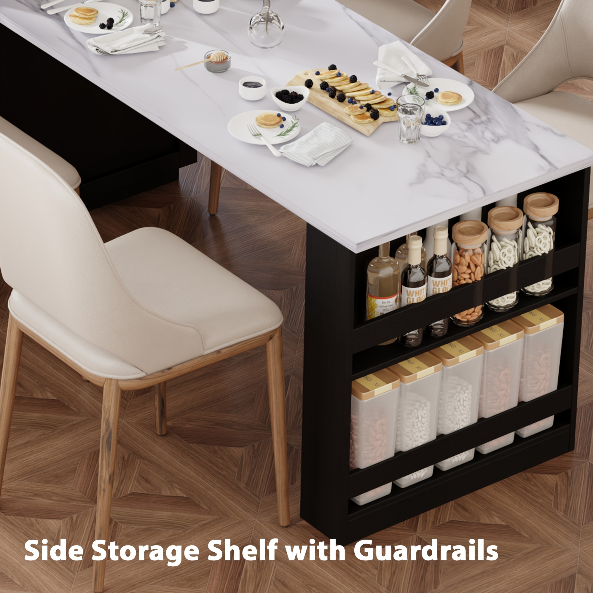 Kitchen Islands with Extendable Dining Table for 4-6 Seating | 82.7" Large Kitchen Storage Islands Table with 2 Storage Drawers and 1 Cabinet, Rolling Base with 2 Open Shelves, Double Storage, Easy Assembly & No Power, Space-saving, Modern Style - Image 9