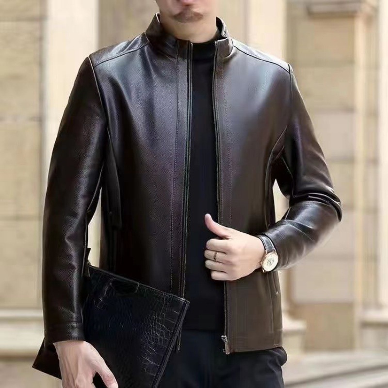 Elegant Leather Jacket For Middle-aged Men Leather Clothing With Stand Collar Men Fleece-lined - Image 9