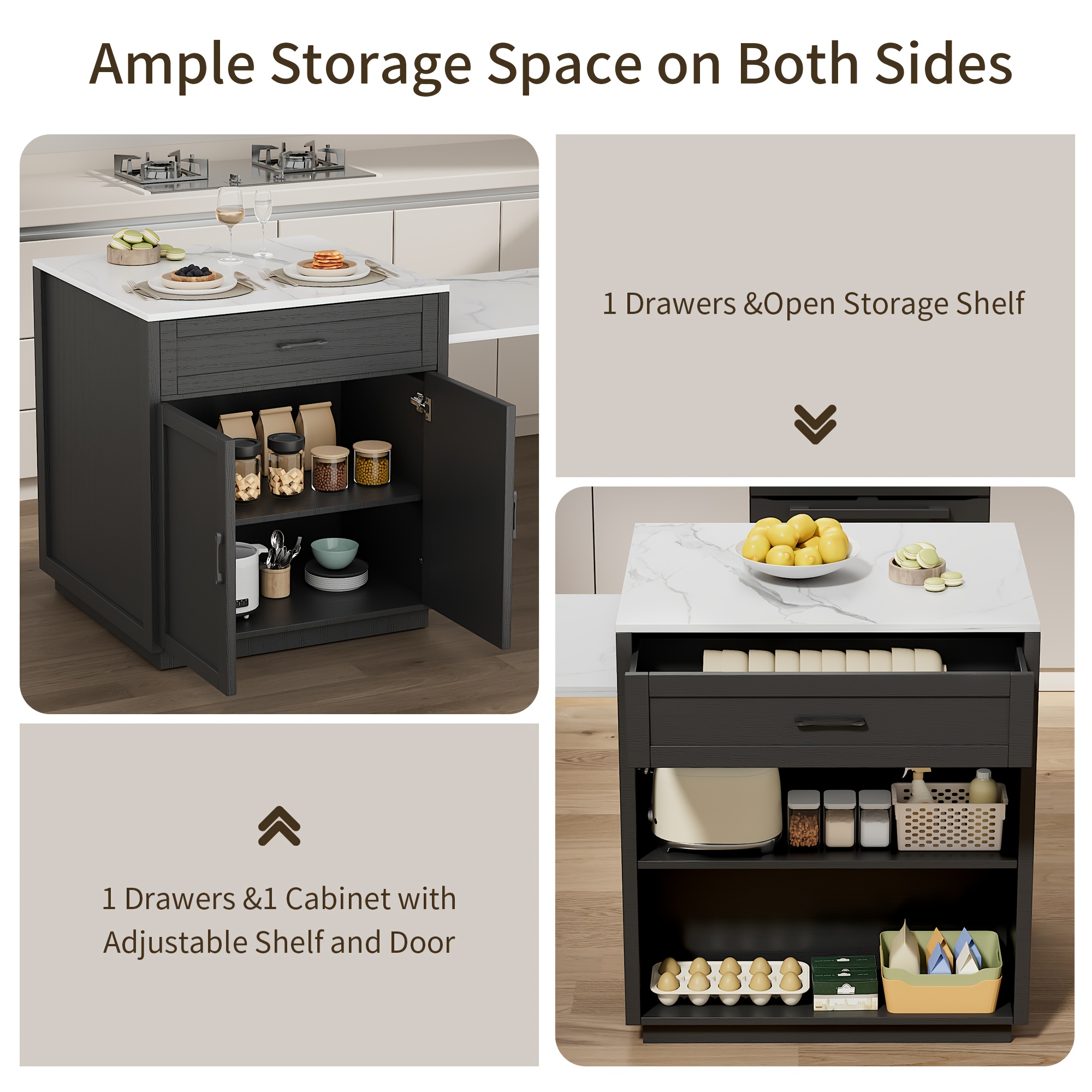 Kitchen Islands with Extendable Dining Table for 4-6 Seating | 82.7" Large Kitchen Storage Islands Table with 2 Storage Drawers and 1 Cabinet, Rolling Base with 2 Open Shelves, Double Storage, Easy Assembly & No Power, Space-saving, Modern Style - Image 4