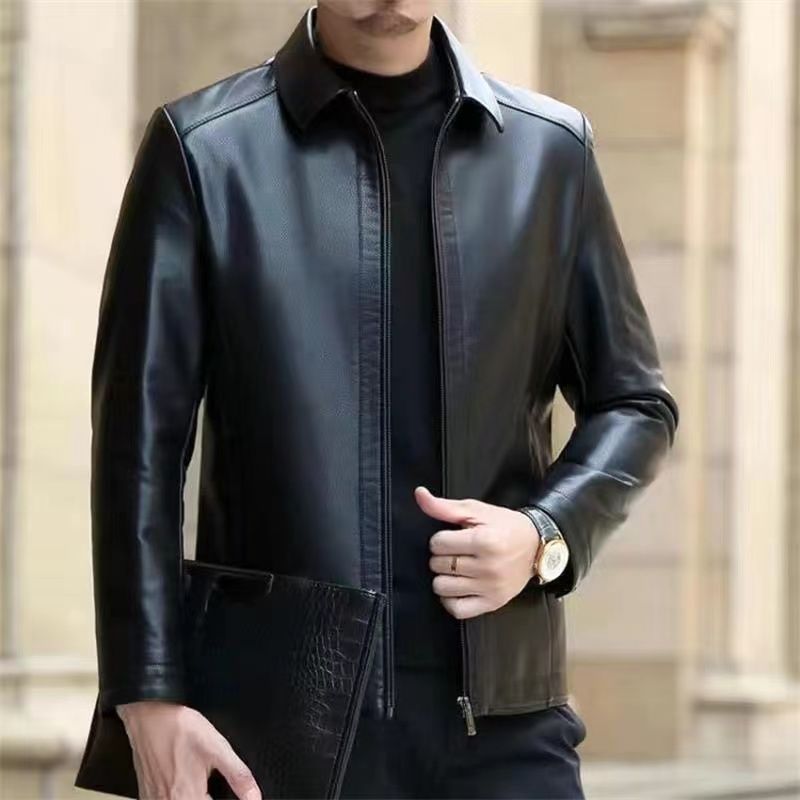 Elegant Leather Jacket For Middle-aged Men Leather Clothing With Stand Collar Men Fleece-lined - Image 5