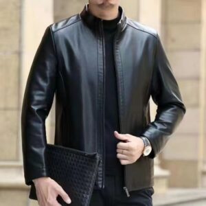 Elegant Leather Jacket For Middle-aged Men Leather Clothing With Stand Collar Men Fleece-lined
