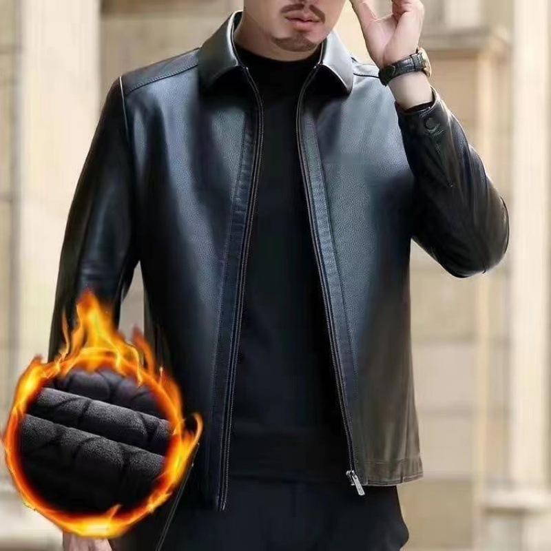 Elegant Leather Jacket For Middle-aged Men Leather Clothing With Stand Collar Men Fleece-lined - Image 3