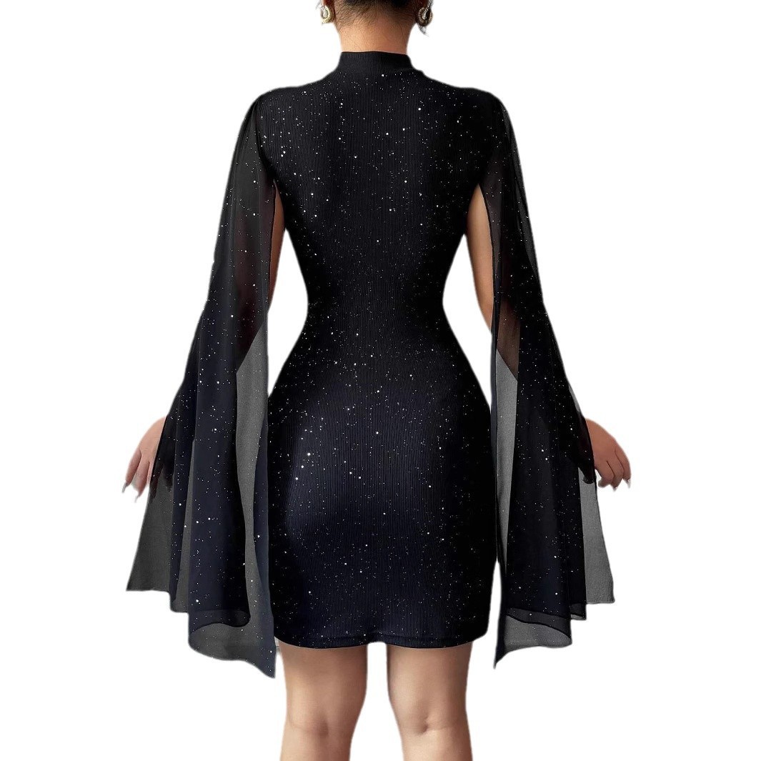 Women's Sexy Elegant Evening Party Dresses Round Neck Pit Stripe Pearl Chiffon Cape Sleeve Wrapped Hip Dress - Image 4
