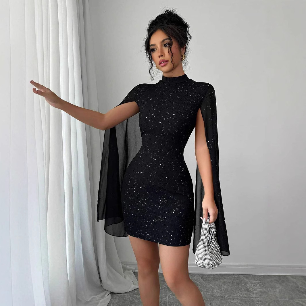 Women's Sexy Elegant Evening Party Dresses Round Neck Pit Stripe Pearl Chiffon Cape Sleeve Wrapped Hip Dress - Image 9