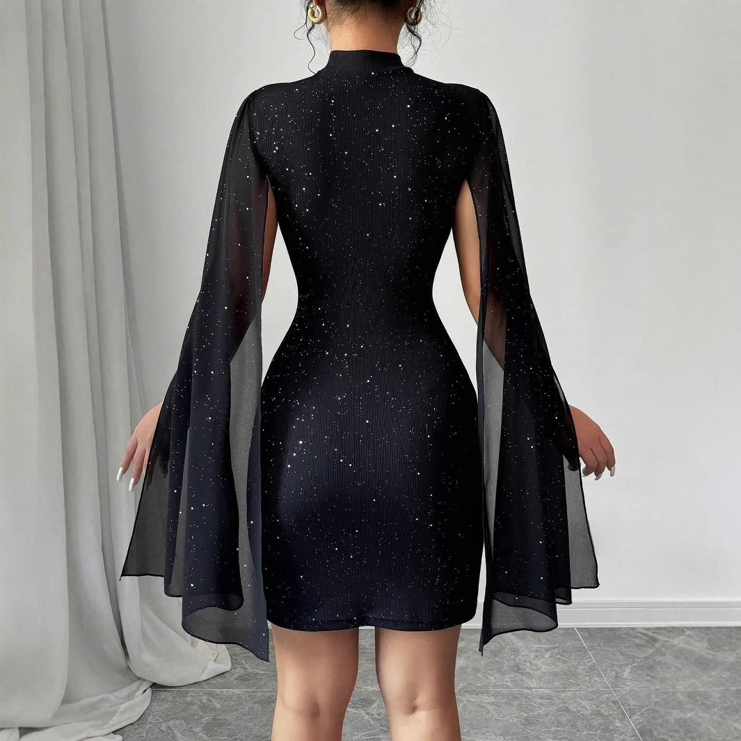 Women's Sexy Elegant Evening Party Dresses Round Neck Pit Stripe Pearl Chiffon Cape Sleeve Wrapped Hip Dress - Image 3