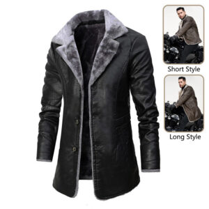 Elegant Modern Plush Lapel Leather Jacket Winter Warm Fleece Single-breasted Coat For Men Long Clothing
