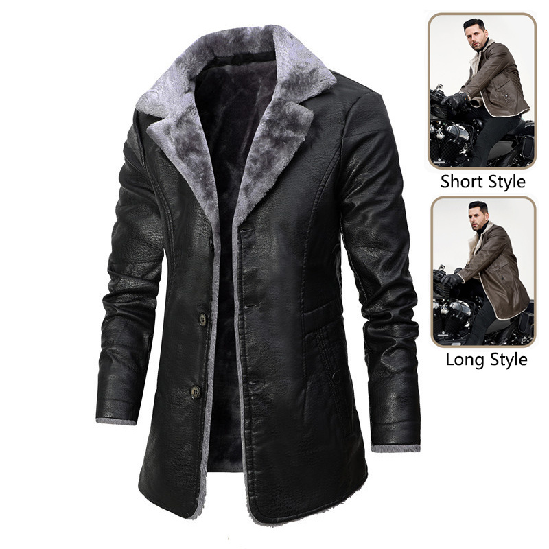 Elegant Modern Plush Lapel Leather Jacket Winter Warm Fleece Single-breasted Coat For Men Long Clothing