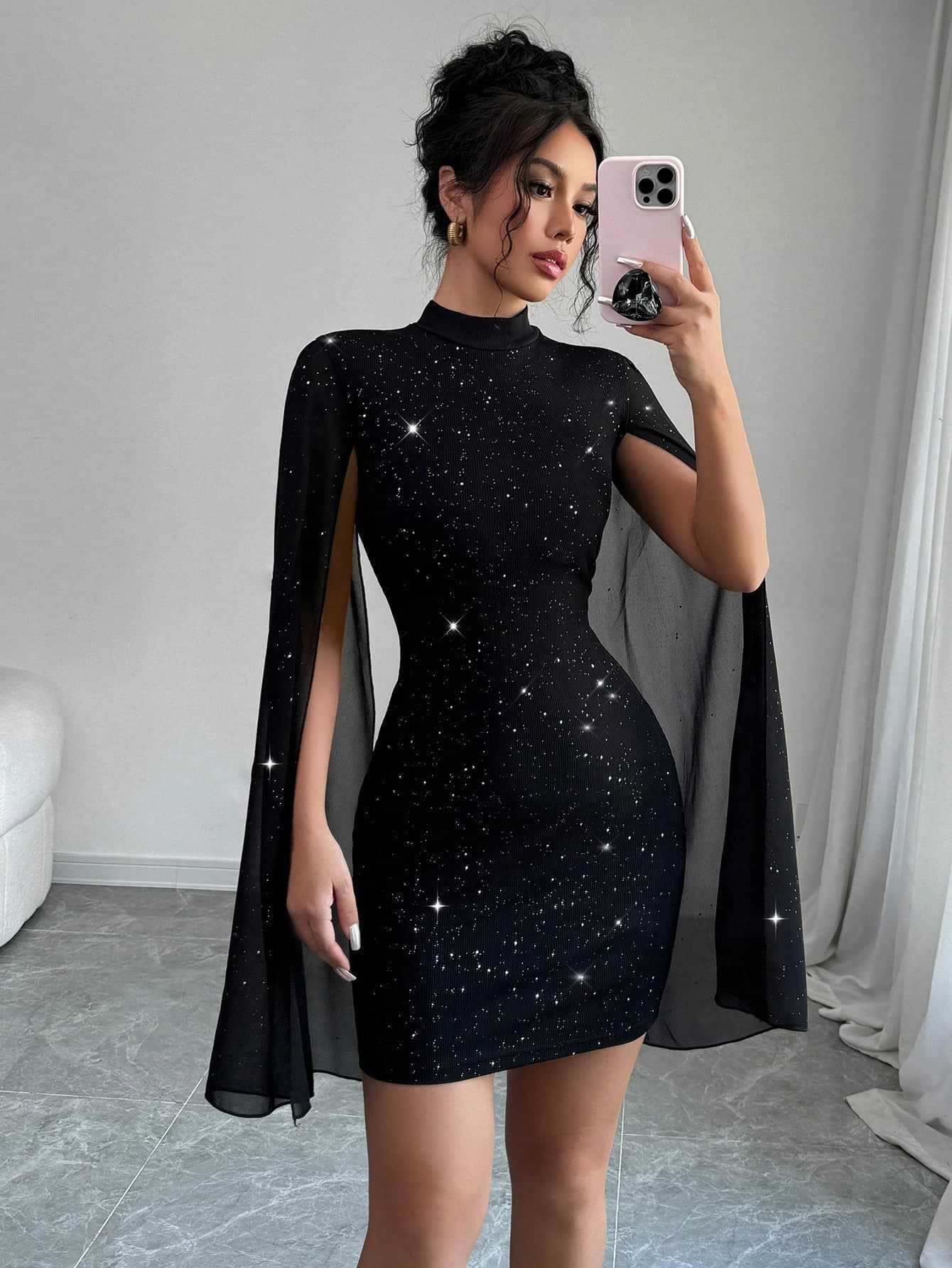 Women's Sexy Elegant Evening Party Dresses Round Neck Pit Stripe Pearl Chiffon Cape Sleeve Wrapped Hip Dress - Image 7