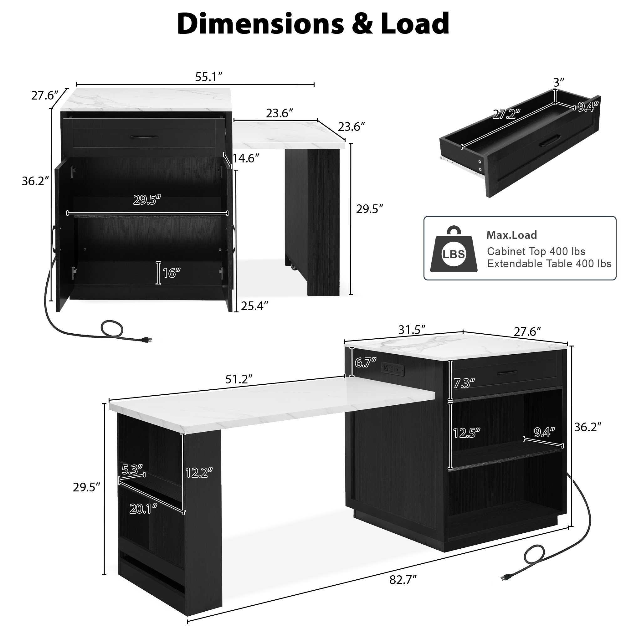 Kitchen Islands with Extendable Dining Table for 4-6 Seating | 82.7" Large Kitchen Storage Islands Table with 2 Storage Drawers and 1 Cabinet, Rolling Base with 2 Open Shelves, Double Storage, Easy Assembly & No Power, Space-saving, Modern Style - Image 2