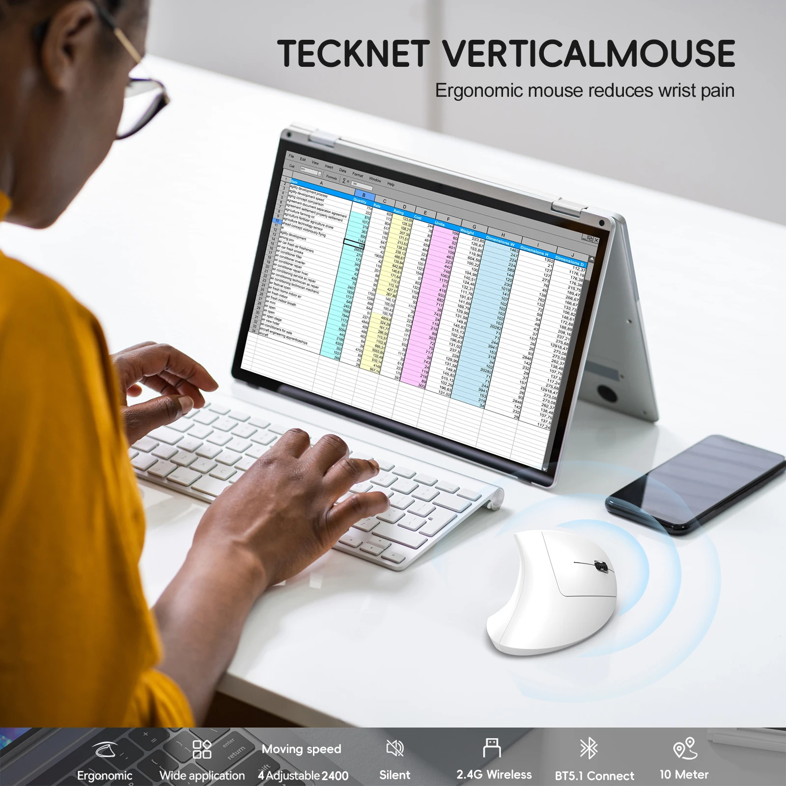 2025 New arrival HXSJ dual mode vertical mouse ergonomic ABS 600mAh rechargeable 2400DPI Type-c interface wireless mouse for pc - Image 6