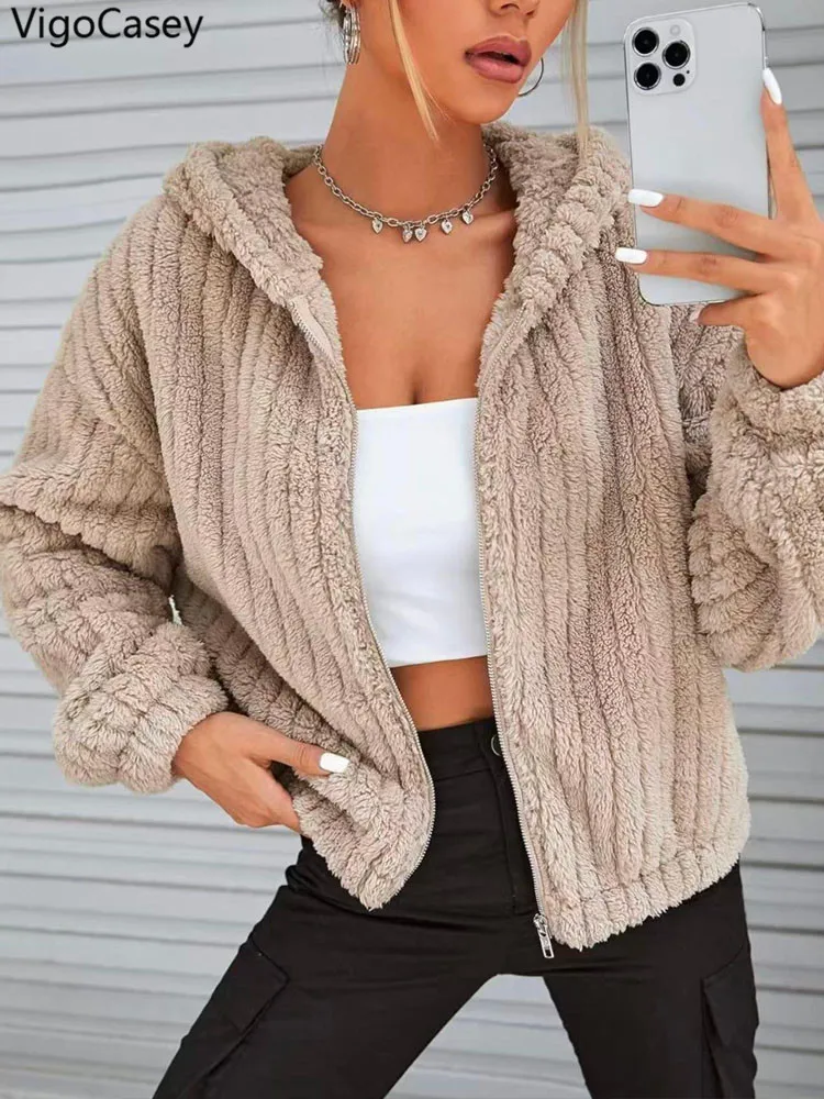 VigoCasey 2026 Women Autumn Zipper Jacket Khaki Long Sleeve Thick Plush Warm Coat Winter Soft Lady Loose Hooded Short Coat - Image 2