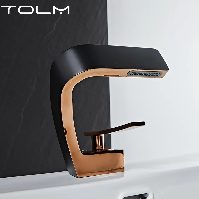 Luxury Modern TOLM Brass Black Gold Basin Faucet Bathroom Sink Faucets Hot Cold Water Mixer Crane Deck Mounted Single Handle Hole Bath Kitchen - Image 4