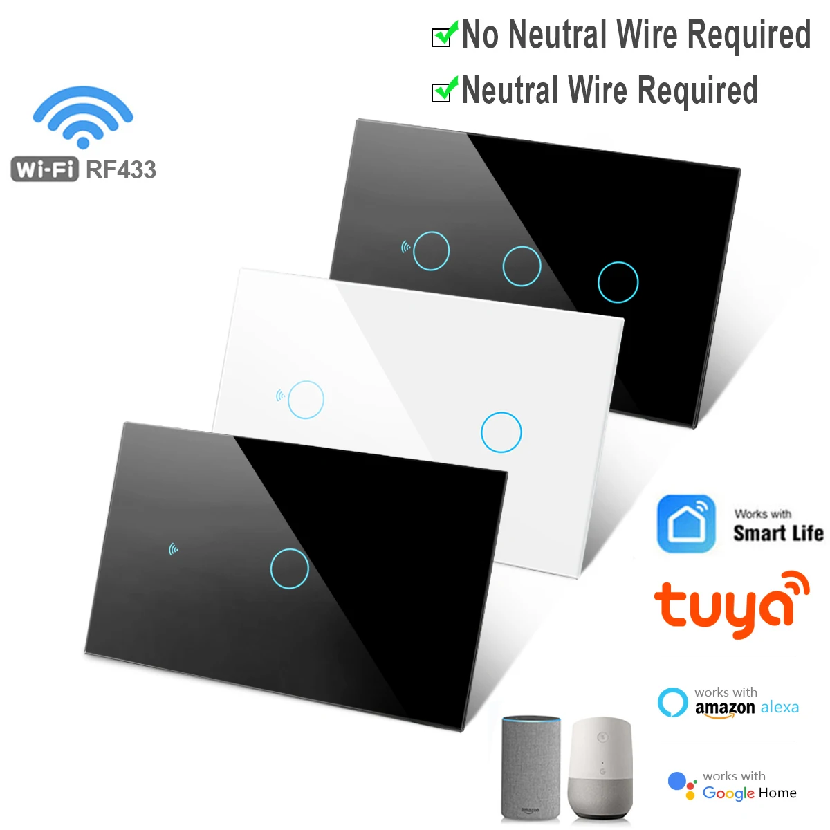 Tuya WiFi US Smart Light Switch Wall Touch Switch Neutral wire/No Neutral wire Required 120 Type Work with Alexa, Google Home