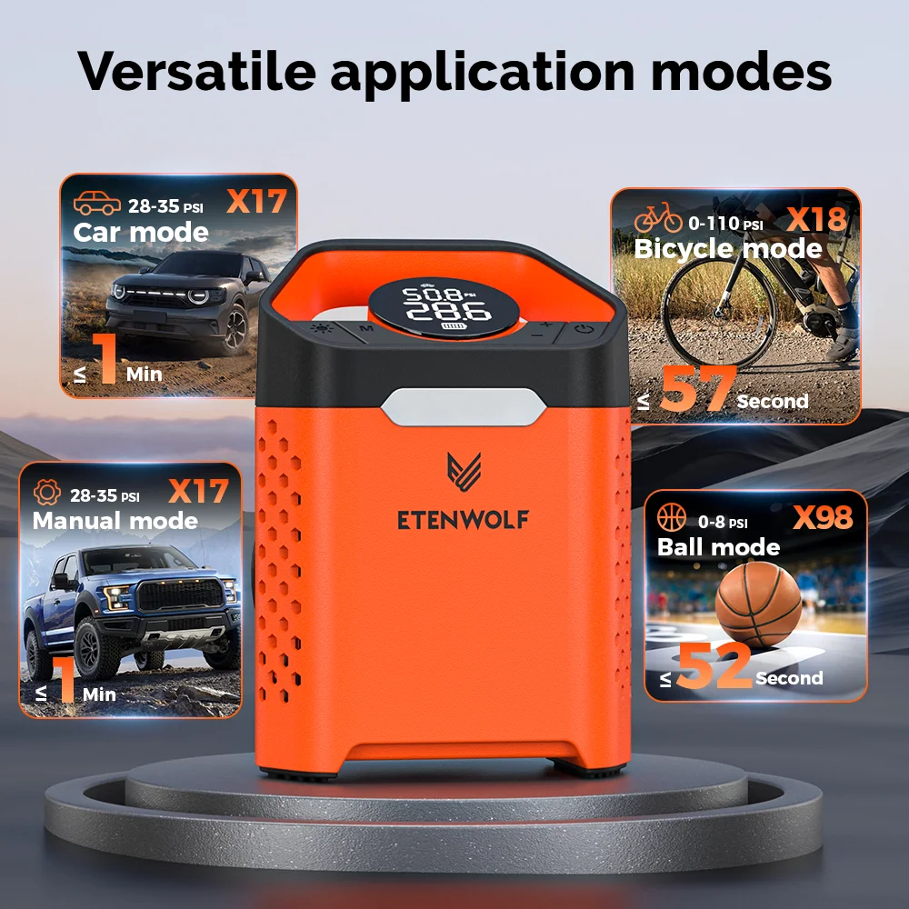 ETENWOLF ZEPHYR V3 Portable Car Compressor 160 PSI 100% Duty Cycle Car Tire Inflator 7800mAh For Cars Motorcycles Bicycles Balls - Image 3