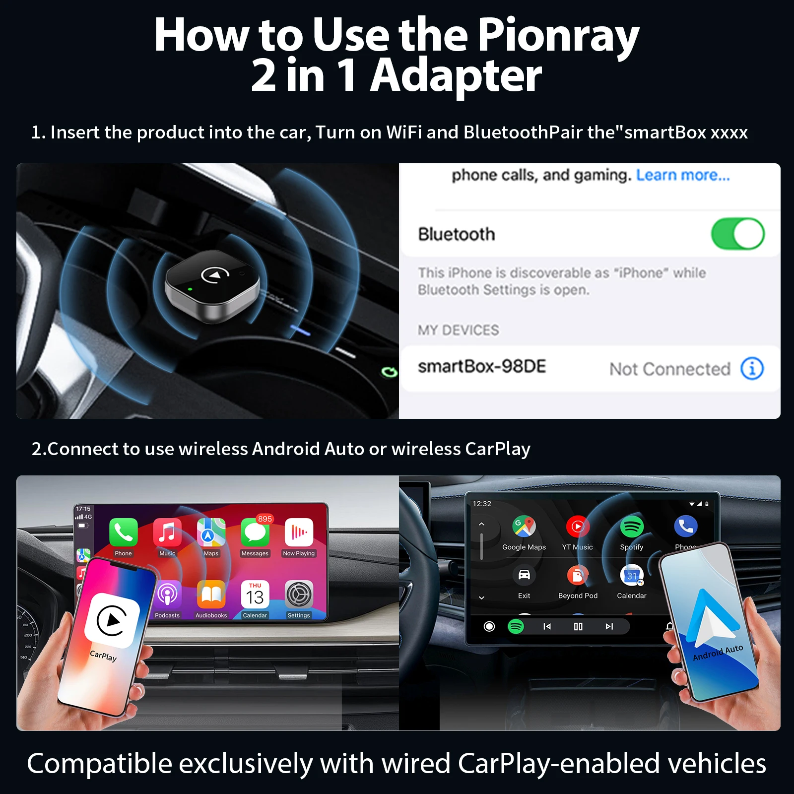 2026 Pionray 2 in 1 Wireless CarPlay Adapter&Android Auto Wireless Adapter, 5Ghz WiFi Type-C/USB Plug Play CarPlay Wireless - Image 2