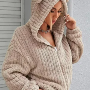 VigoCasey 2026 Women Autumn Zipper Jacket Khaki Long Sleeve Thick Plush Warm Coat Winter Soft Lady Loose Hooded Short Coat