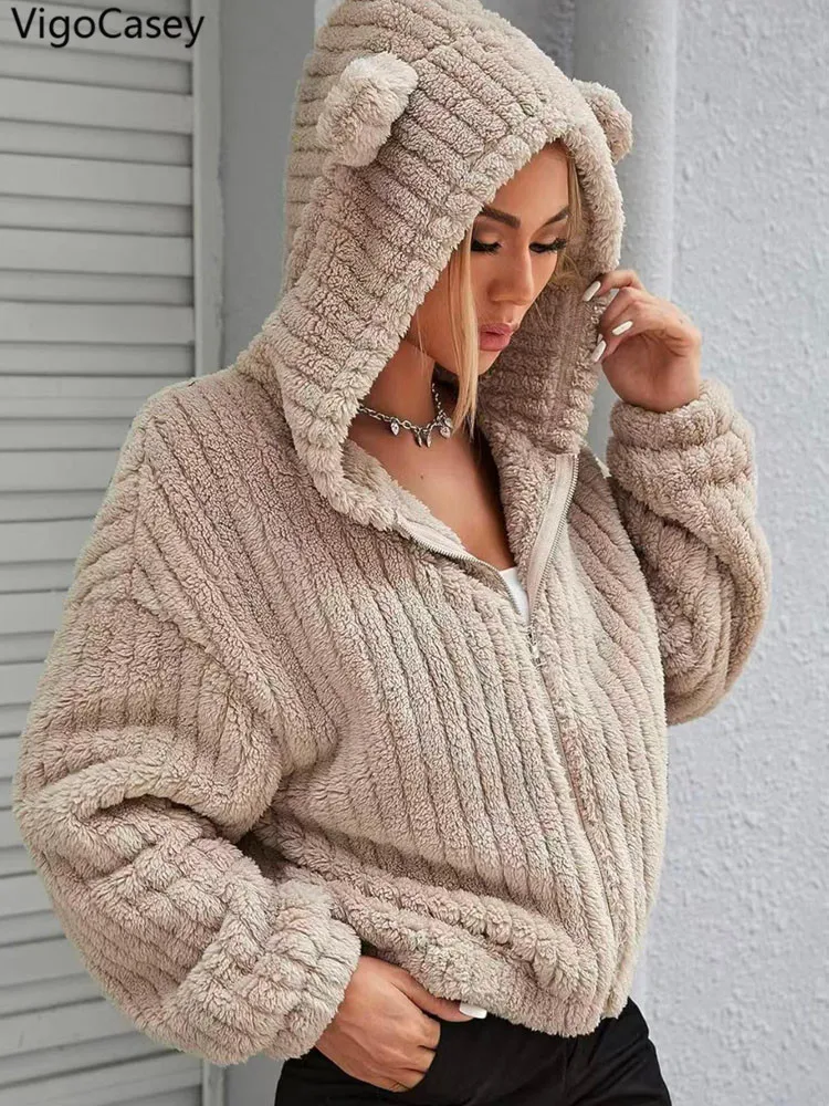 VigoCasey 2026 Women Autumn Zipper Jacket Khaki Long Sleeve Thick Plush Warm Coat Winter Soft Lady Loose Hooded Short Coat