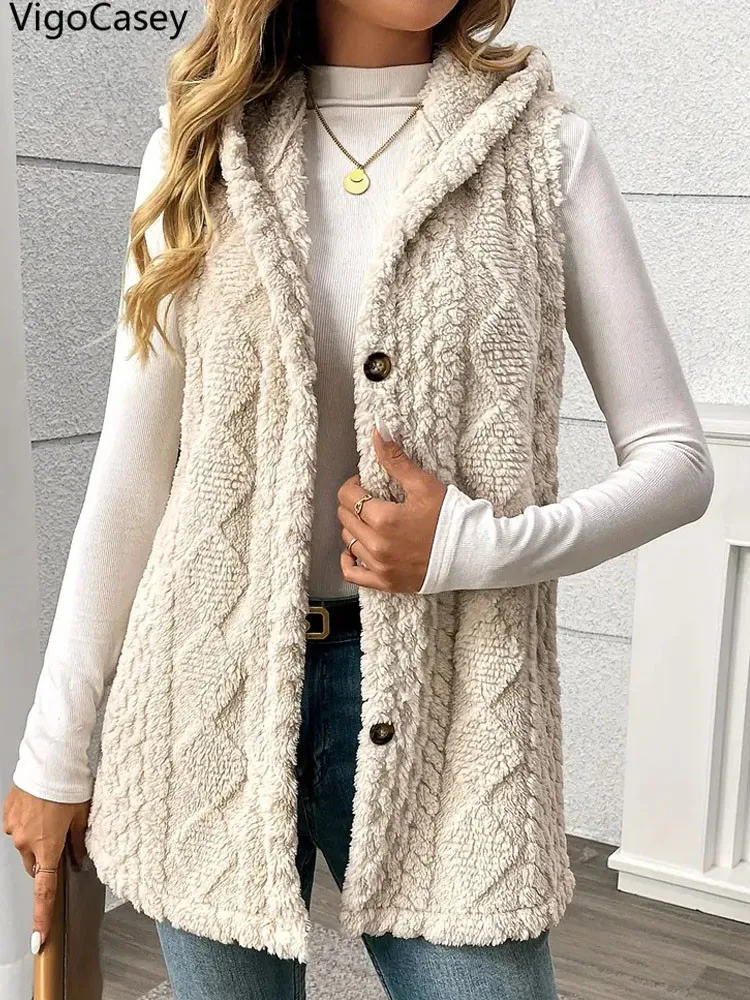 VigoCasey 2026 Casual Sleeveless Thick Vest Coat Woman Solid Hooded Warm Plush Waistcoat Lady Autumn Winter Apricot Vest Jacket