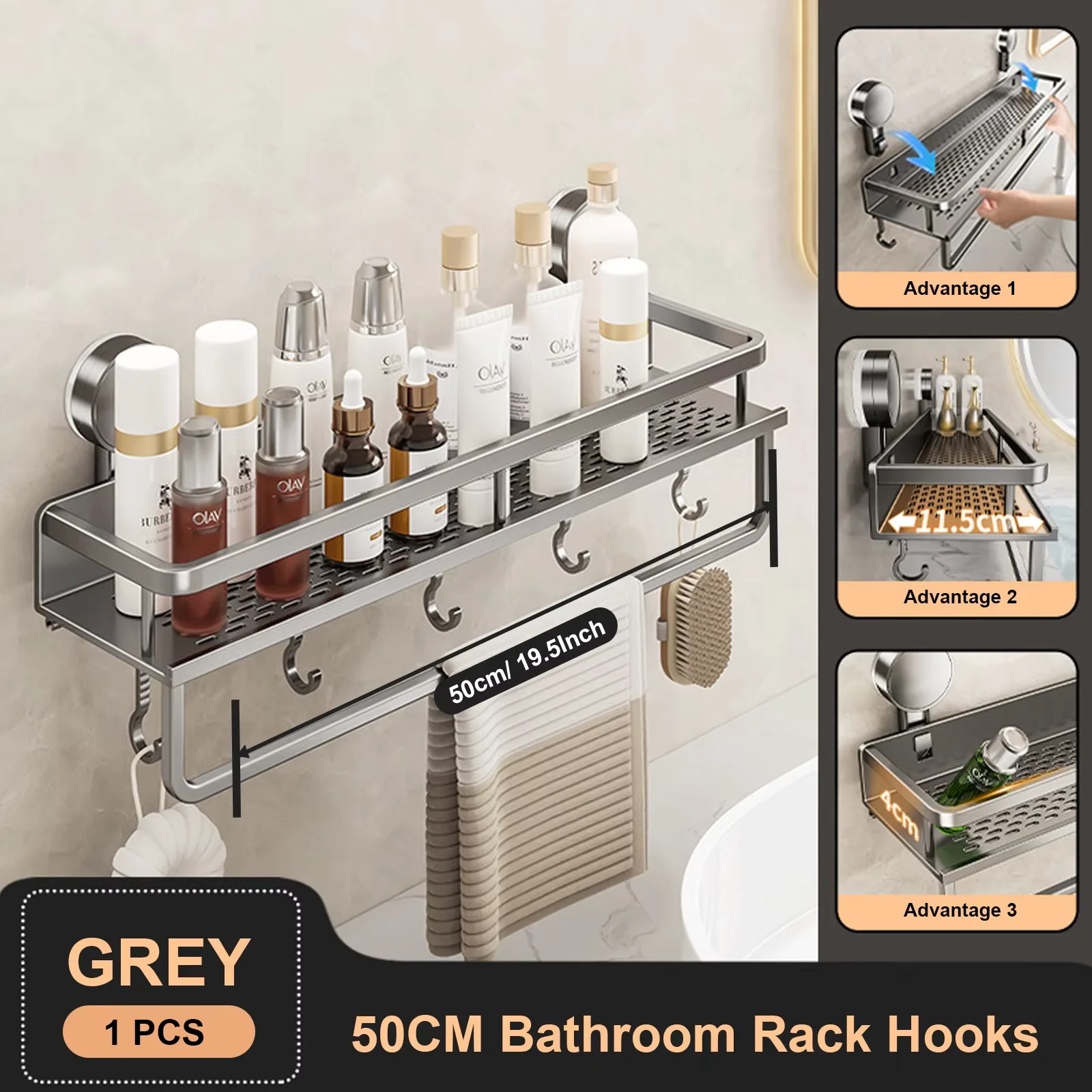 Space Aluminum Suction Cup Bathroom Rack No-punch Wall Mount Shower Storage Shelf Large Capacity Strong Load-bearing - Image 10