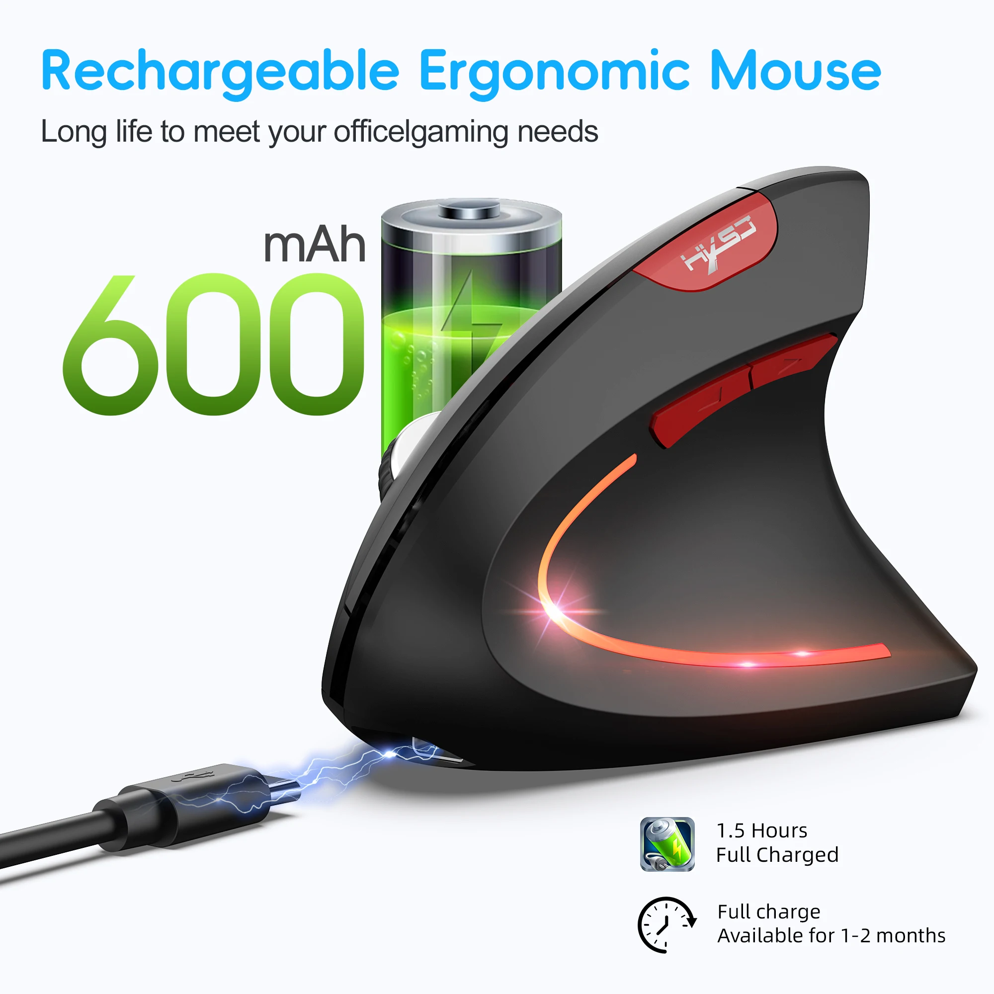 2025 New arrival HXSJ dual mode vertical mouse ergonomic ABS 600mAh rechargeable 2400DPI Type-c interface wireless mouse for pc - Image 5
