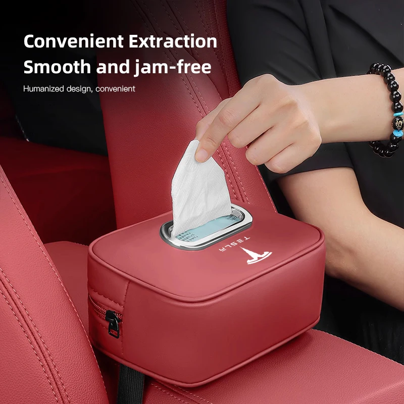 Luxury PU Leather Car Tissue Box Storage Bag Accessories For Tesla Coil Y Model 3 Highland Cybertruck S Juguete X Roadster 2024 KIT - Image 3