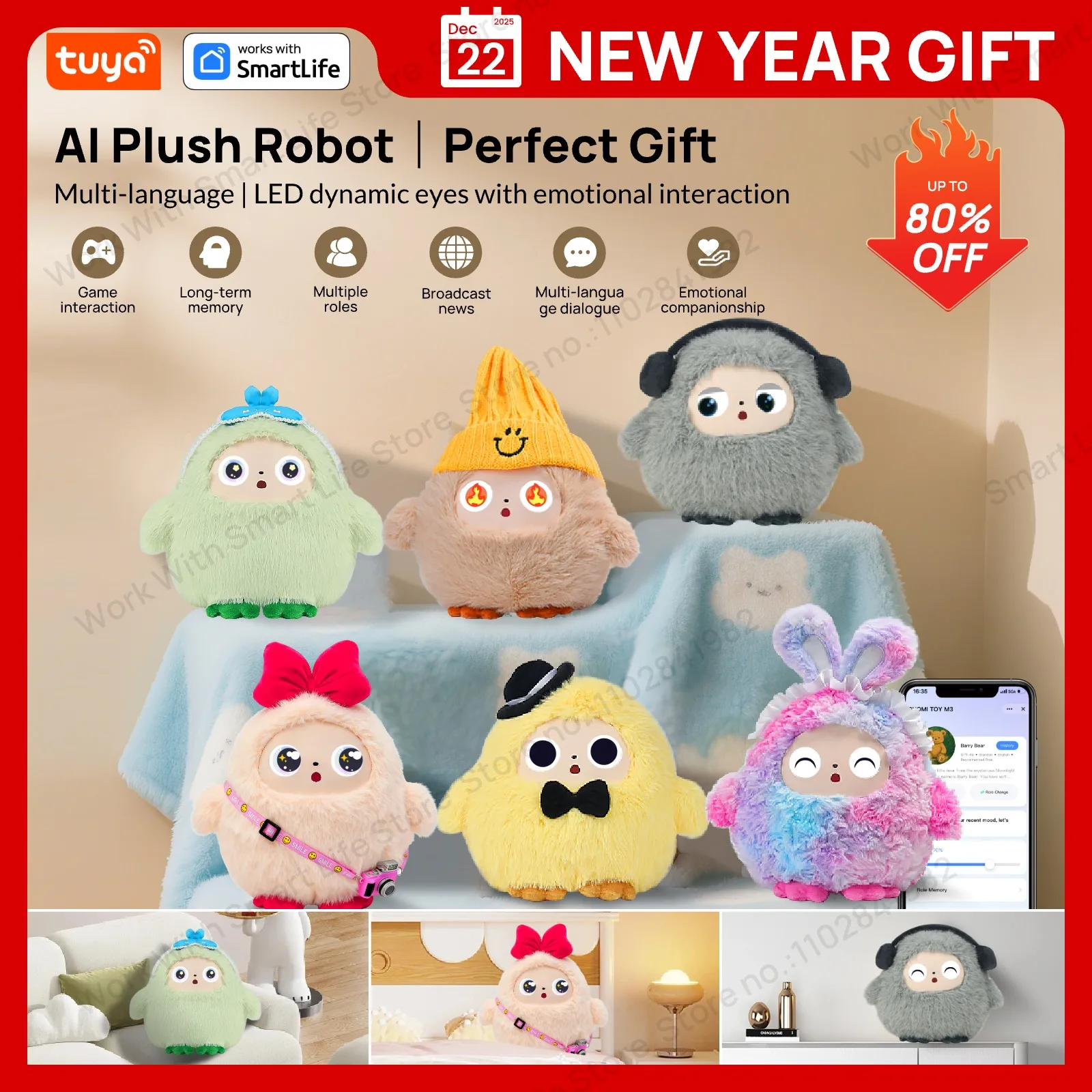 AI Plush Toy W/Smart Voice&LED Eyes,Interactive Companion for Kid/AdultGift-ReadyRechargeable E-Pet open up fun life W/Tuya App