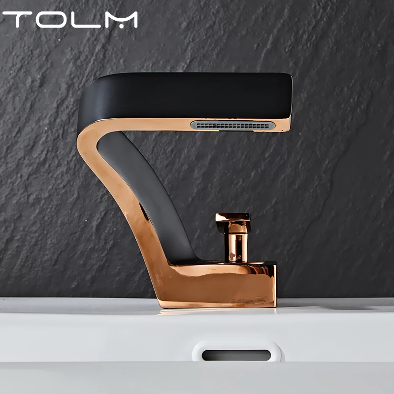 Luxury Modern TOLM Brass Black Gold Basin Faucet Bathroom Sink Faucets Hot Cold Water Mixer Crane Deck Mounted Single Handle Hole Bath Kitchen - Image 3