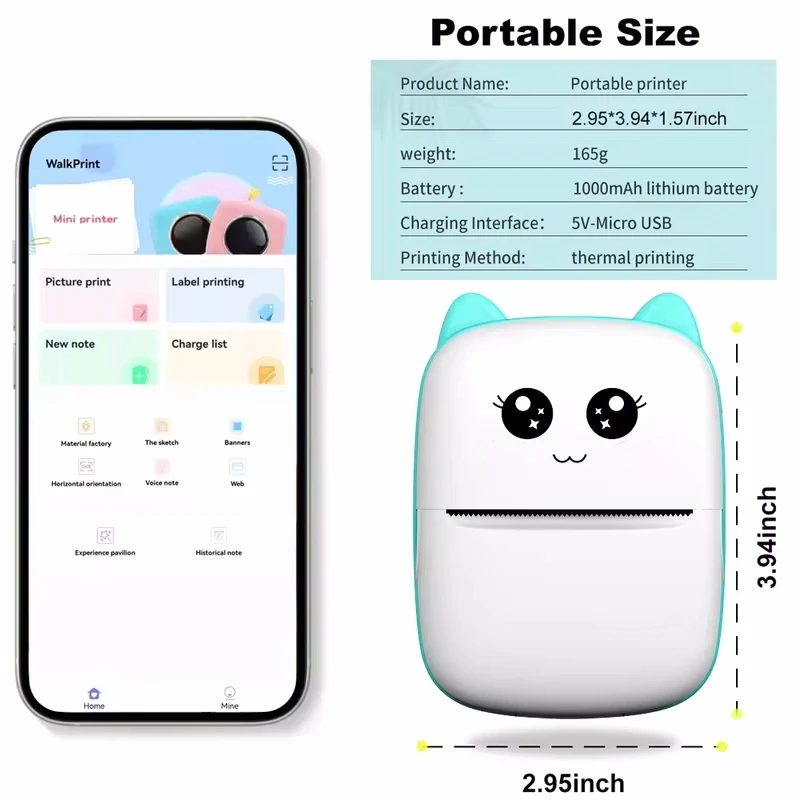 Portable thermal printer mini cat print photo pocket thermal label printer 58mm printing wireless Bluetooth Android iOS printers - Image 3