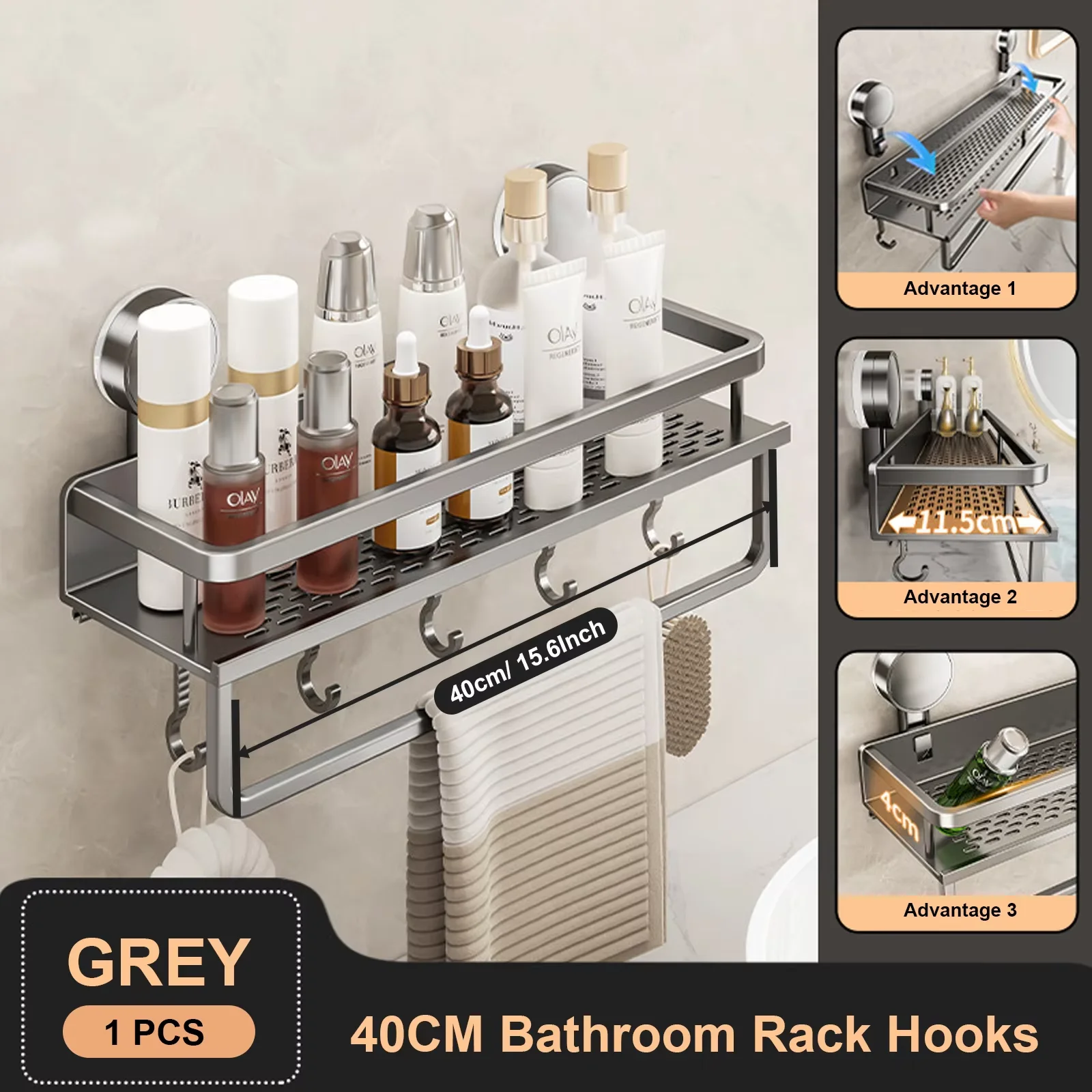 Space Aluminum Suction Cup Bathroom Rack No-punch Wall Mount Shower Storage Shelf Large Capacity Strong Load-bearing - Image 12