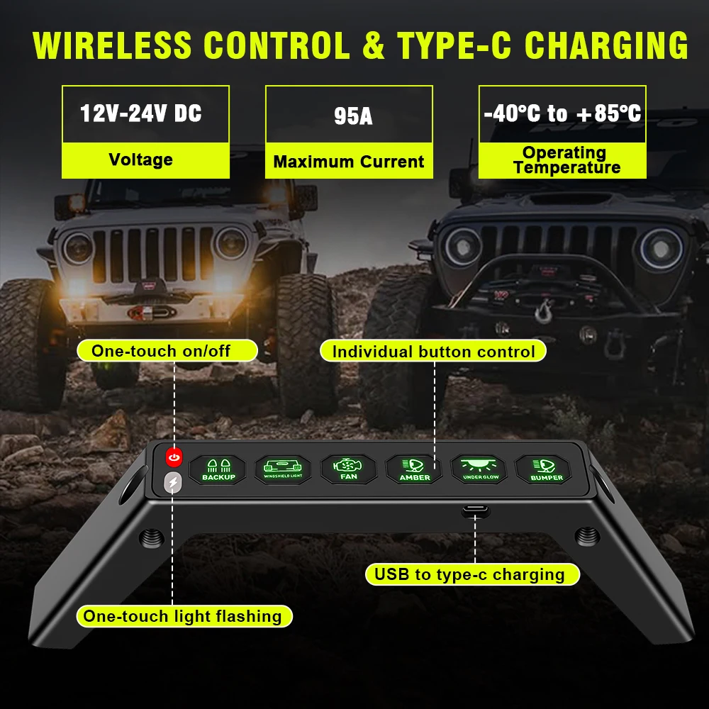 6 Gang Grab Handle Switch Panel for Jeep Wrangler Wireless Grab Handle Switch Panel , Offroad - Image 4