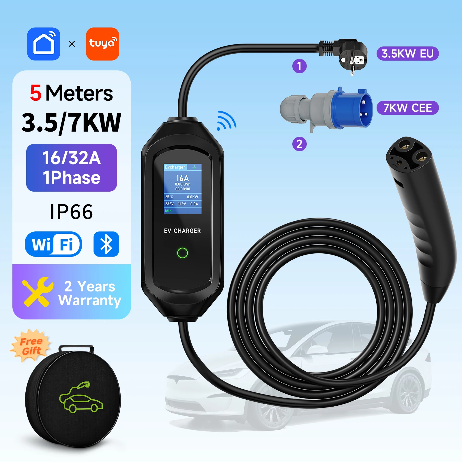 3.5KW Portable EV Charger for Tesla Model 3/X/Y/S 7KW Electric Car Charger NACS Fast Charging Cable WiFi APP Bluetooth Control