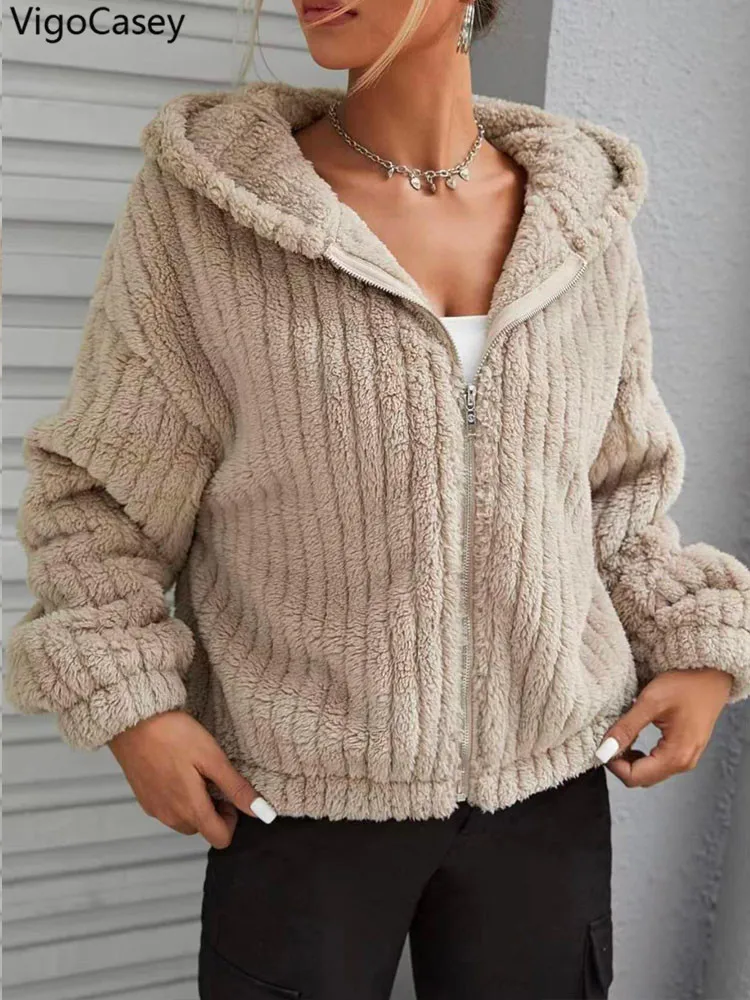 VigoCasey 2026 Women Autumn Zipper Jacket Khaki Long Sleeve Thick Plush Warm Coat Winter Soft Lady Loose Hooded Short Coat - Image 4