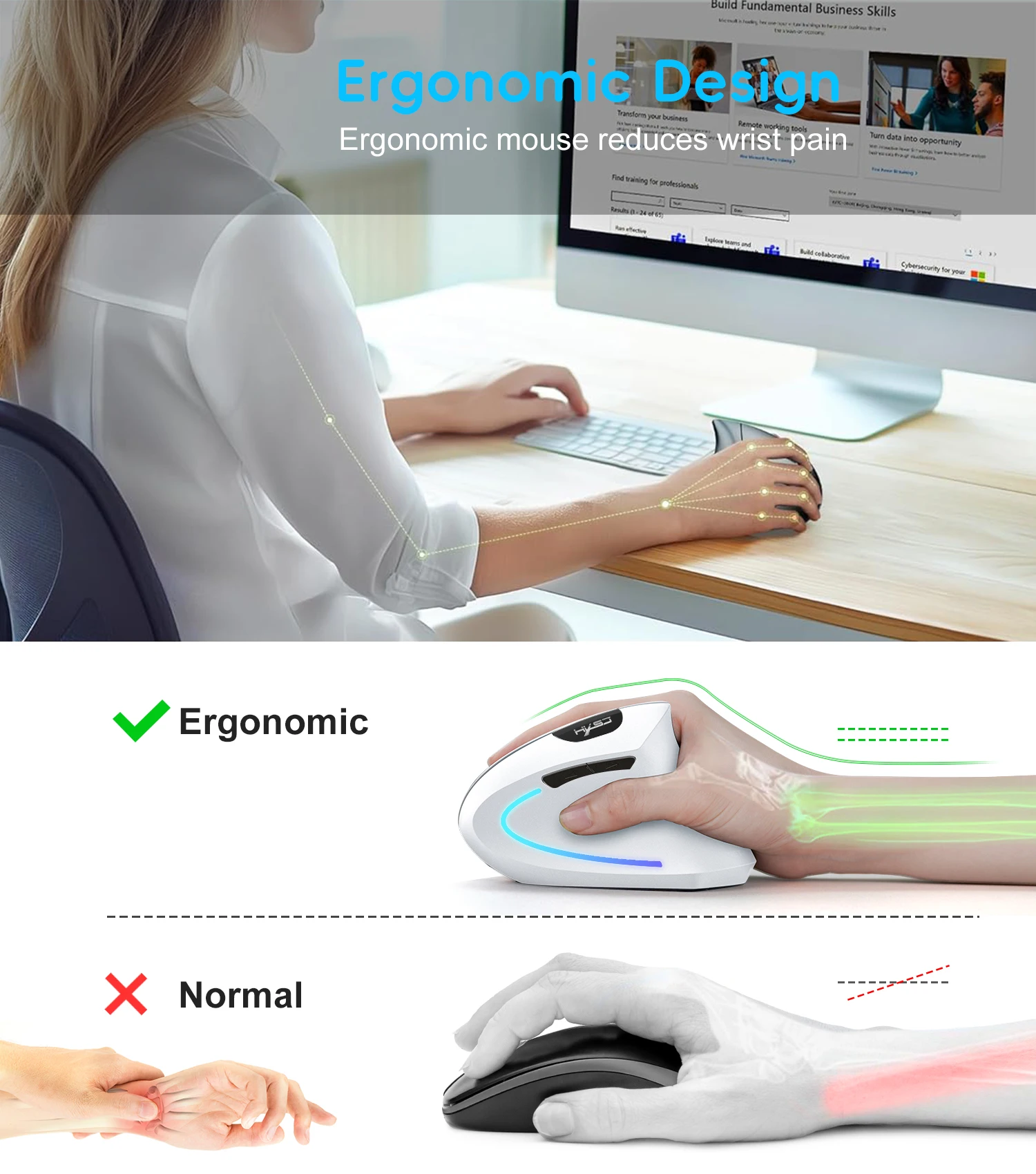 2025 New arrival HXSJ dual mode vertical mouse ergonomic ABS 600mAh rechargeable 2400DPI Type-c interface wireless mouse for pc - Image 3