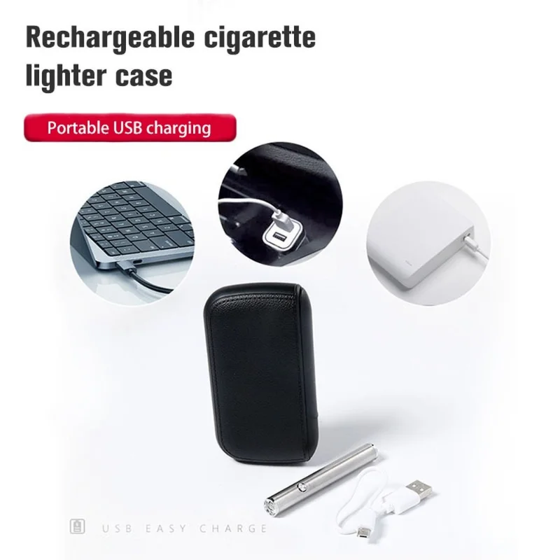 New Imitation Leather Cigarette Case with USB Tungsten Electronic Lighter Cigarette Case Men's Exquisite Gift Cigarette Tool - Image 4
