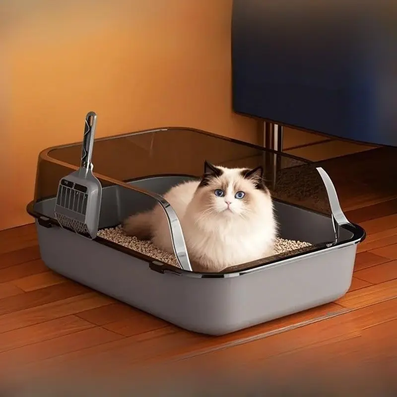 Semi-Enclosed Cat Litter Box Splashproof Kitten Toilet Tray Pet Cleaning Basin with High Sides for Indoor Use - Image 2