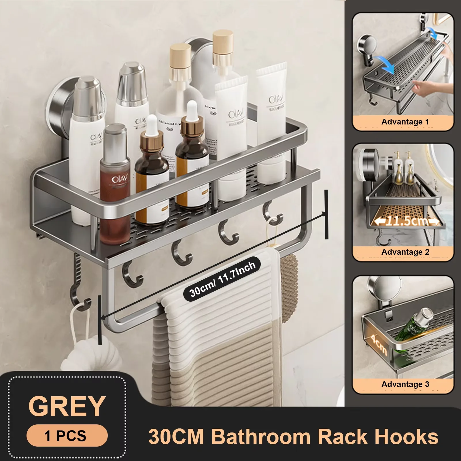 Space Aluminum Suction Cup Bathroom Rack No-punch Wall Mount Shower Storage Shelf Large Capacity Strong Load-bearing - Image 8