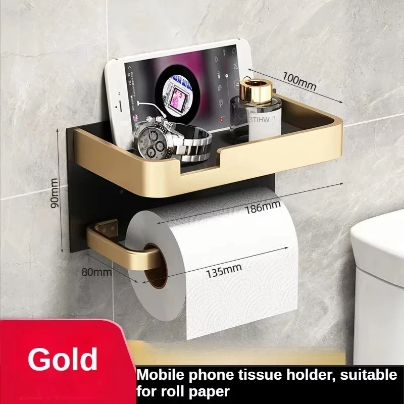 Black Gold Toilet Paper Holder Bathroom Wall Mount Multifunction WC Paper Phone Holder Shelf Towel Roll Shelf Accessories - Image 15