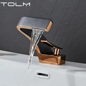 Luxury Modern TOLM Brass Black Gold Basin Faucet Bathroom Sink Faucets Hot Cold Water Mixer Crane Deck Mounted Single Handle Hole Bath Kitchen
