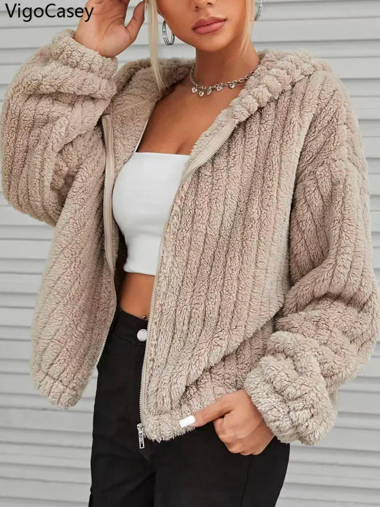 VigoCasey 2026 Women Autumn Zipper Jacket Khaki Long Sleeve Thick Plush Warm Coat Winter Soft Lady Loose Hooded Short Coat - Image 3